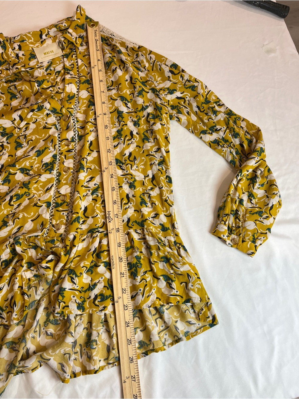Maeve Anthropologie Shirt Womens 6 Yellow Rabbit Print Peplum Long Sleeve Ruffle - Picture 5 of 13